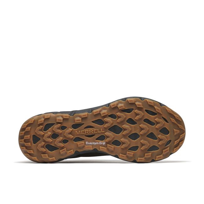Black outsole and tan tread of of drab green Mens Merrell Nova 4 Waterproof Trail Running Shoe 