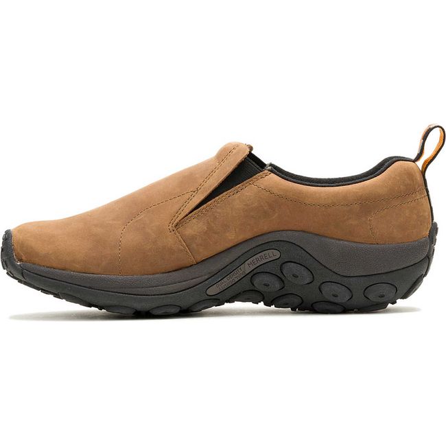 Medial side of Men's slip on Merrell Jungle Moc Nubuck Waterproof Shoe in brown