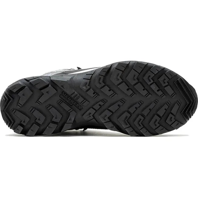 Sole of Womens Merrell Thermo Chill Waterproof Boot in charcoal upper with black outsole and tread