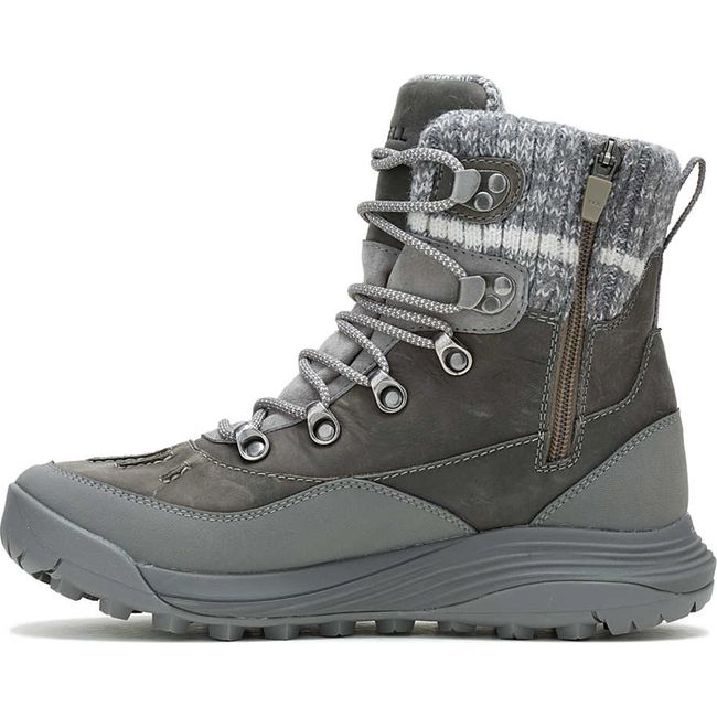 Medial side of Women's Merrell Siren 4 Thermo Mid Zip Waterproof Boot in charcoal with side zipper
