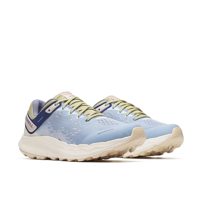 Pair of Merrell Women's Antora 4 Waterproof Trail Running Shoes in Seaway Blue and Chalk
