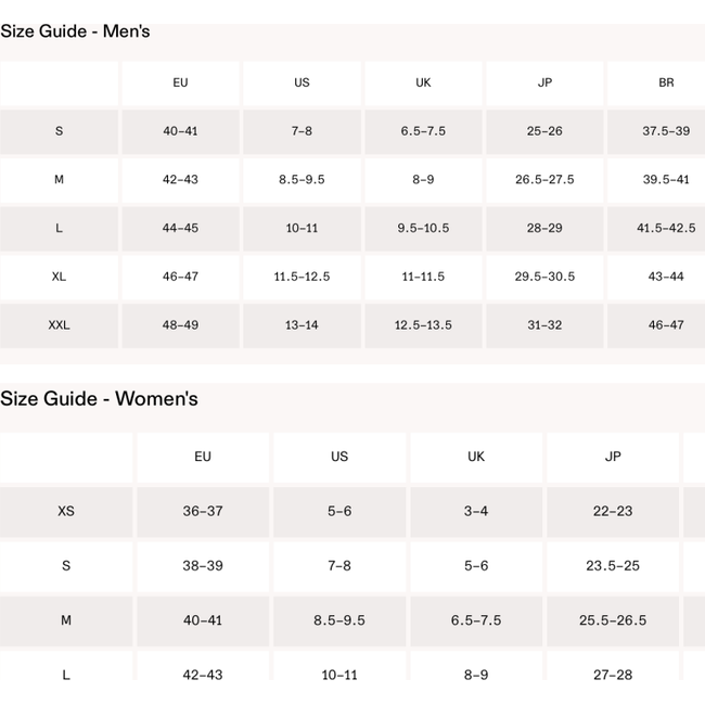 On Running Sock Size Chart