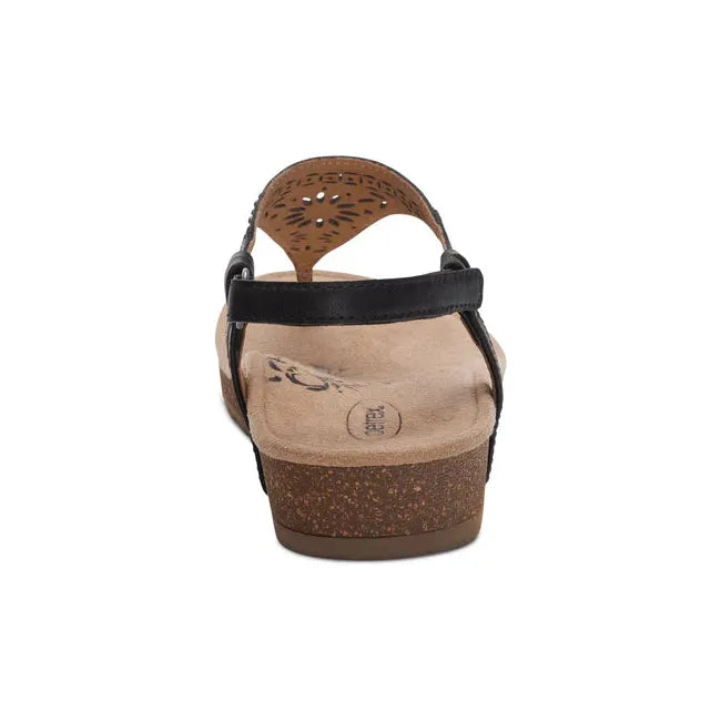 Heel of Womens Aetrex Evelyn arch Support Thong Sandal in Black with an adjustable backstrap