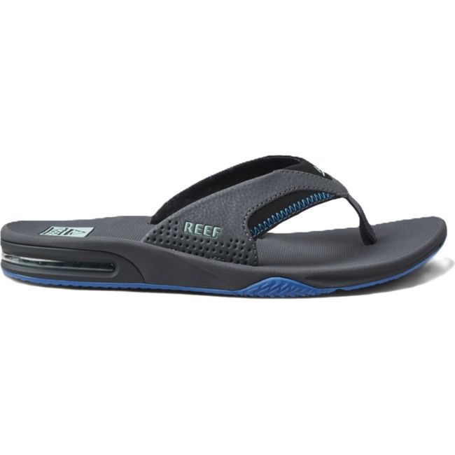 Lateral side of of Men's Reef Fanning Bottle Opener Flip Flop in gunmental ocean gray