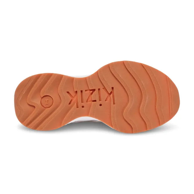 Orange brown outsole of Womens Kizik Monaco Sneaker in white &amp; beige upper