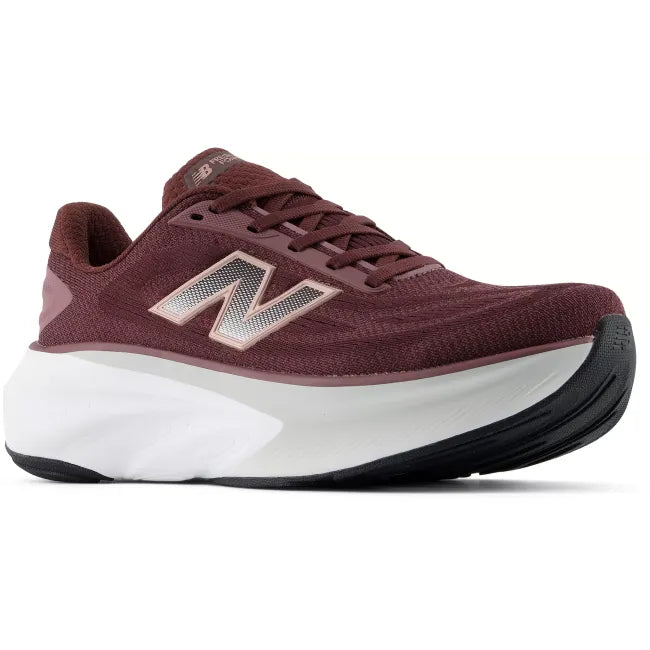 New Balance Fresh Foam X More v6 running shoe in burgundy, 3/4 hero angle