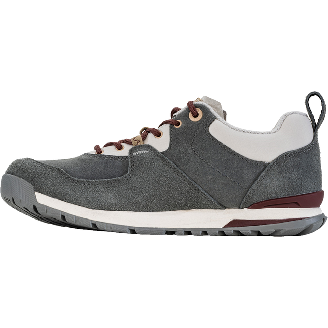 Medial side of Women's Oboz Emma Low Casual Shoe in gray nubuck with red accents
