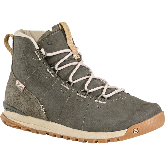 Front agnled view of Women's Oboz Emma Mid Casual Boot in olive branch green leather and suede