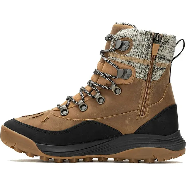 Medial side of Women's Merrell Siren 4 Thermo Mid Waterproof Boot in tobacco brown with side zipper