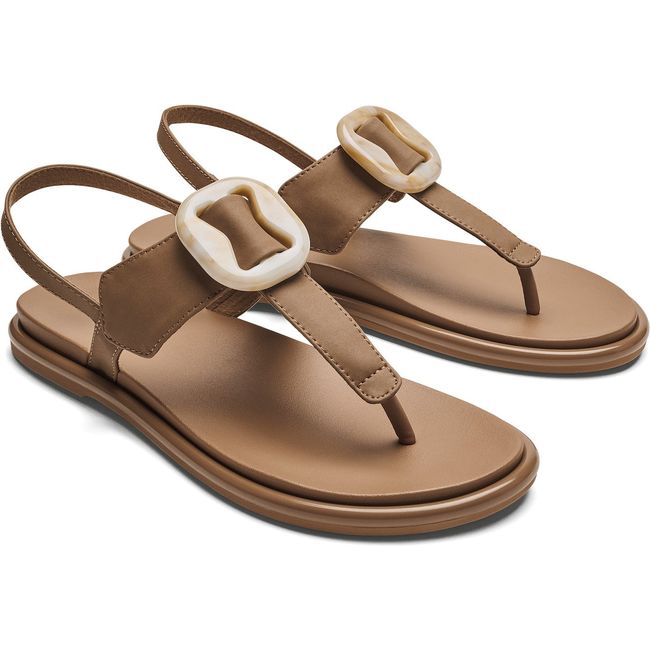 Pair of Women's Olukai La'i T-Bar Sandals in Tan with backstrap