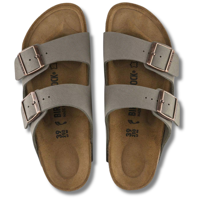Top of paired Birkenstock Unisex Arizona Birkibuc Sandal in Stone