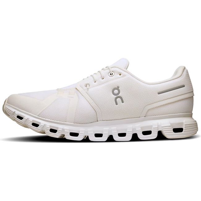 Medial side of On Running Men's Cloud 6 Running Shoe in all white