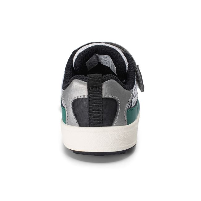 Rear heel view of the Stride Rite Velocity in black and forest green with a pull tab