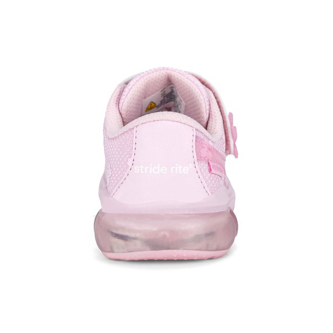 Rear heel view of the Stride Rite Lighted Phantom in soft pink with floral detailing