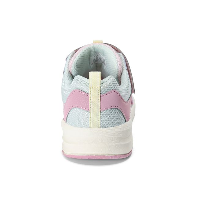 Rear heel view of the Stride Rite Player 2.0 in blush pink with a yellow pull tab