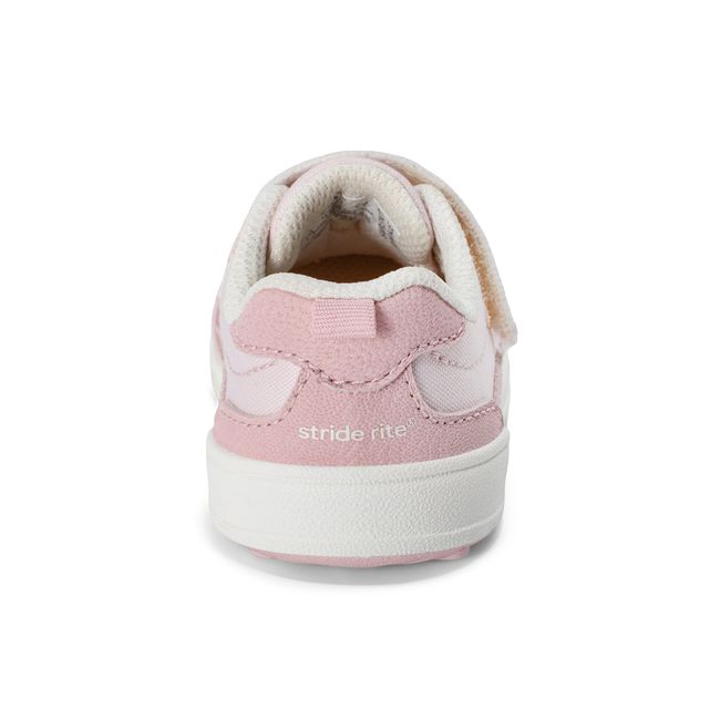 Rear heel view of the Stride Rite Juniper in blush pink with a cream white sole