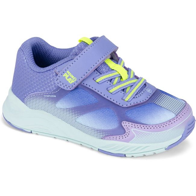 Stride Rite Hypersonic sneaker in soft purple with neon yellow-green laces, three quarter view