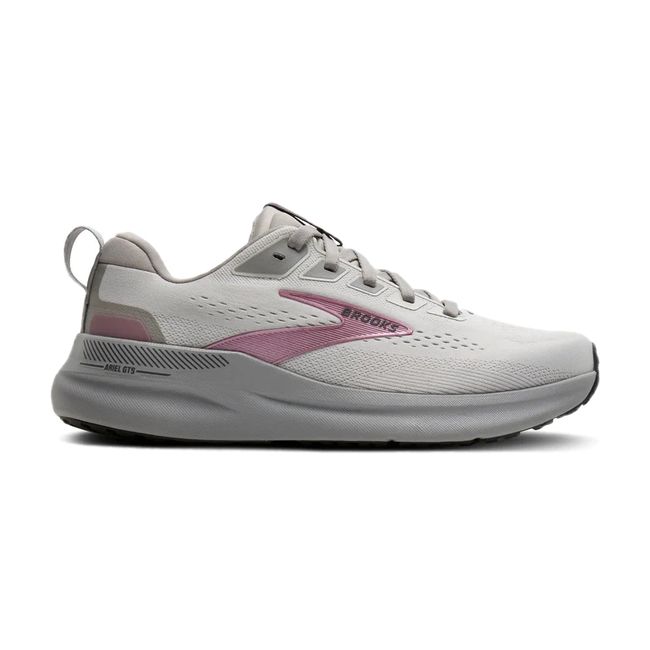 Lateral profile of Brooks Ariel GTS 26 women's shoe in grey showing alloy cushioned midsole and pink Brooks accent