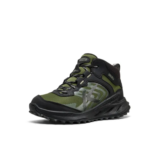 Front of KEEN Kids' Zionic Waterproof Hiking Boot in Black & Bronze Green