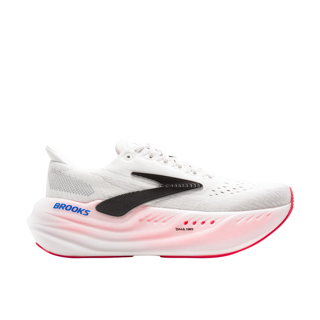 Lateral of Women's Brooks Glycerin Max Running Shoe. White upper and max cushion pink sole