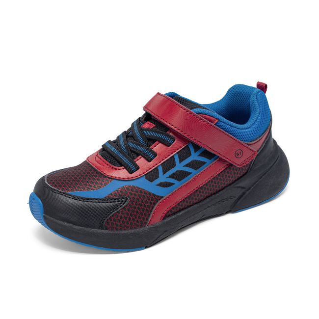 Stride Rite Equilibrium in black and bright red, angled view of the opposite side