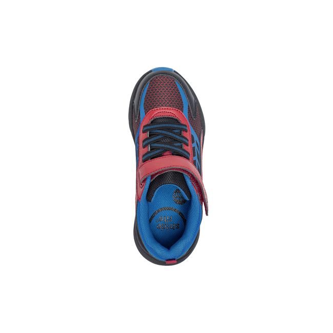 Top down view of the Stride Rite Equilibrium in black with red hook and loop strap