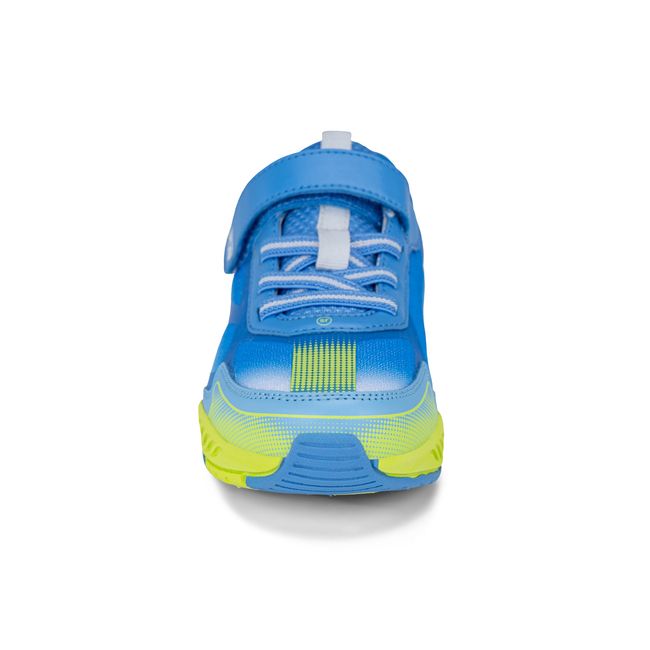 Front view of the Stride Rite Hypersonic in azure blue with a white strap and laces