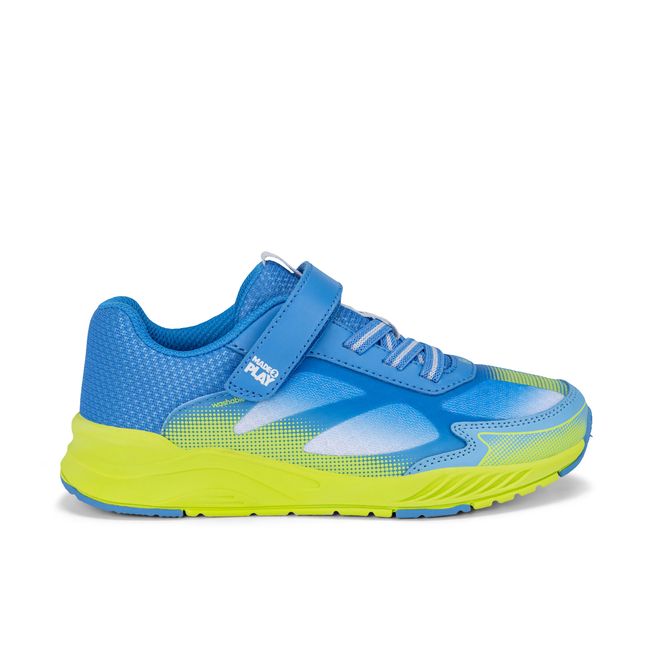 Right side profile of the Stride Rite Hypersonic in azure blue with a lime green midsole