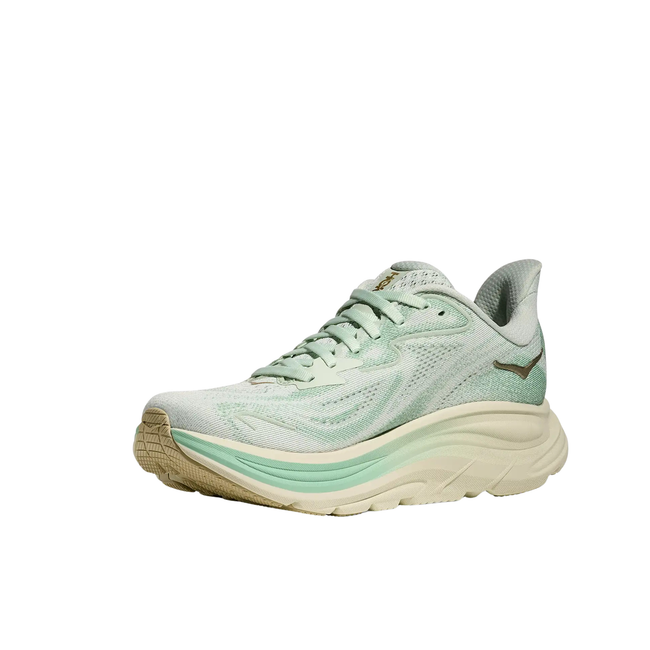 Angled Medial side of Hoka Women's Clifton 10 Running Shoe in Jadeite Green