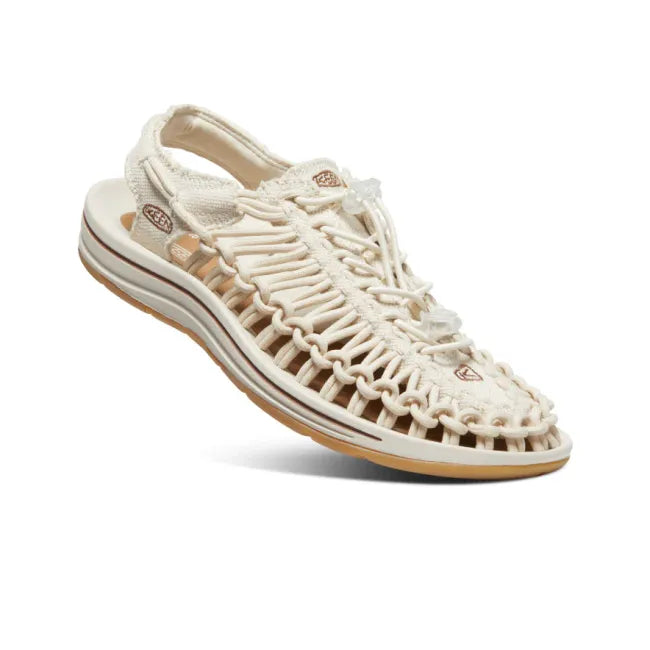 Angled view of Keen Women's UNEEK Canvas Sandal in Natural Canvas Birch