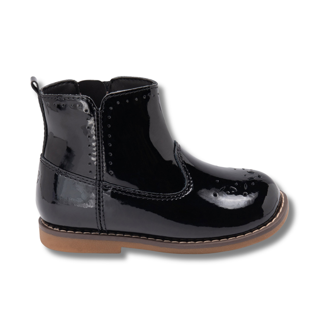 Lateral side of Stride Rite Kids' Stella Boot in black patent leather