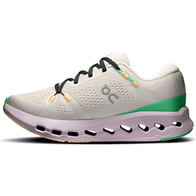 Medial side of Women's On Running Cloudsurfer 2 Running Shoe in Pearl Orchid beige and purple