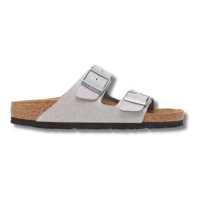 Lateral side of Birkenstock Women's Arizona Sandal in Silver Glitter