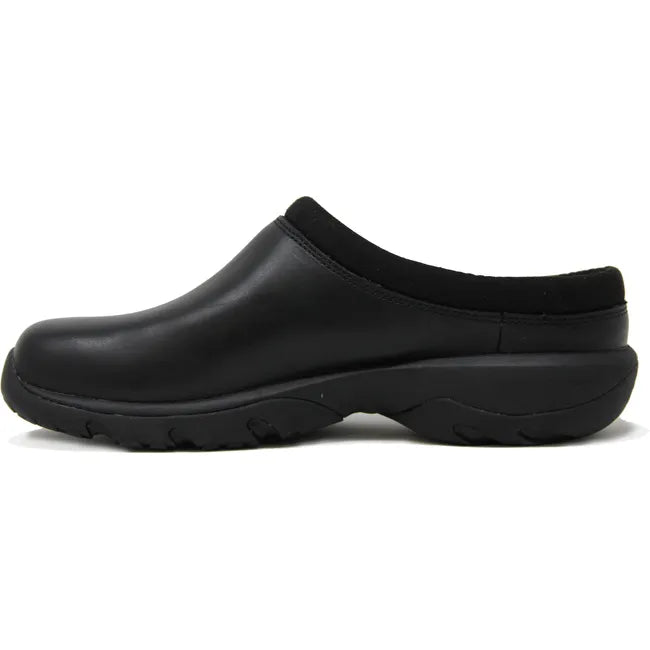 Medial side view of the Merrell Men's Encore Rexton Slide, showcasing a black premium full grain leather upper, arch support, cushioned outsole, and slip-on design.