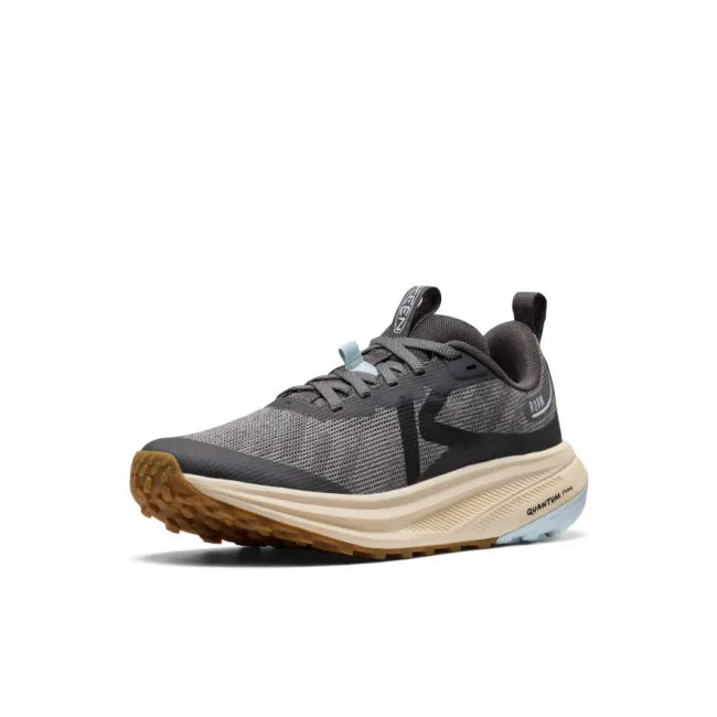 Front of KEEN Women's Roam Trail Running Shoe in magnet grey and blue