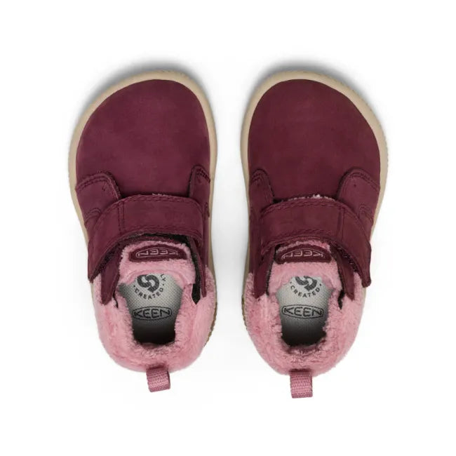 Velcro upper of KEEN Toddlers’ KNX Middie Boot in purple Fig Lilas with pink faux wool