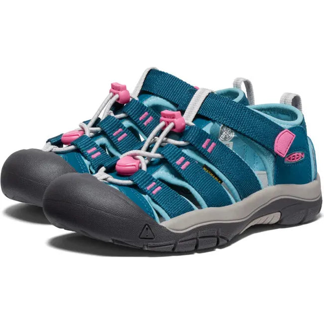 Pair of KEEN Youth Kids' Newport H2 Closed Toe Sandal in Legion Blue and Hot Pink