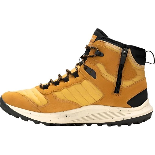 An inner side view of the Merrell Men's Nova 3 Thermo Mid Waterproof Boot in gold with black accents, highlighting the medial zipper for easy on/off. The boot features lightweight synthetics, soft leather, a waterproof membrane, and a cushioned white sole for comfort.