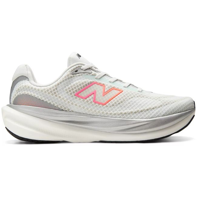 New Balance 1080v15 Breathe in white with a coral pink N, lateral view