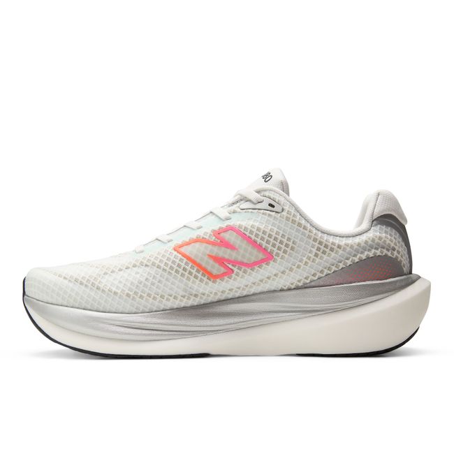 Medial profile of the New Balance 1080v15 Breathe in white with a silver midsole