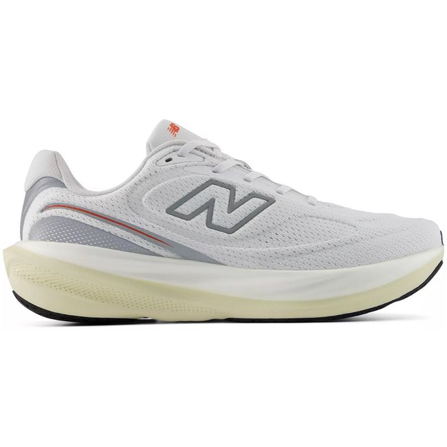 New Balance 1080 V15 running shoe in white with a neo flame orange accent, hero view.