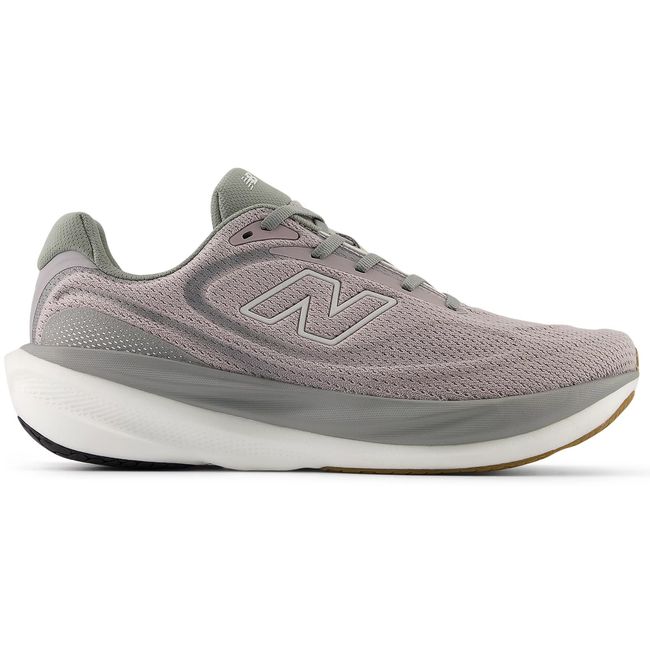New Balance 1080v15 in warm taupe grey with a white midsole, lateral view
