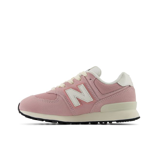 Medial profile of the New Balance Kids' 574 in soft pink suede and mesh