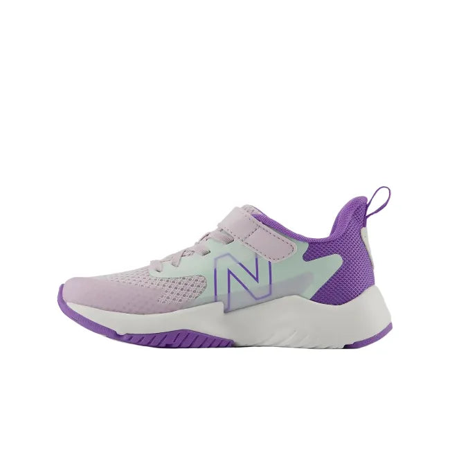 Medial profile of New Balance RAV V2 kids' velcro sneaker in taro purple showing EVA midsole and strap