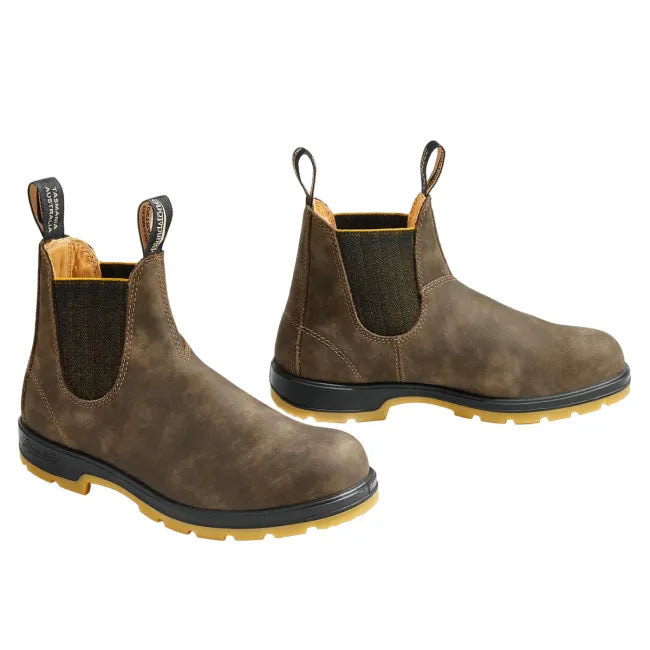 Pair of Blundstone Unisex Classic 1944 Chelsea Boots in Rustic Brown Leather & Mustard sole