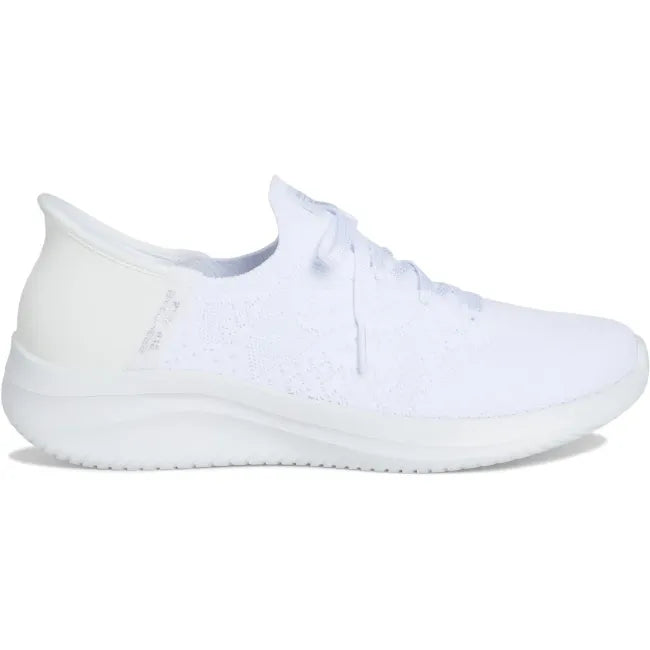 Women's White Skechers Slip-ins Ultra Flex 3.0 sneaker with knit upper and white cushioned sole, side view
