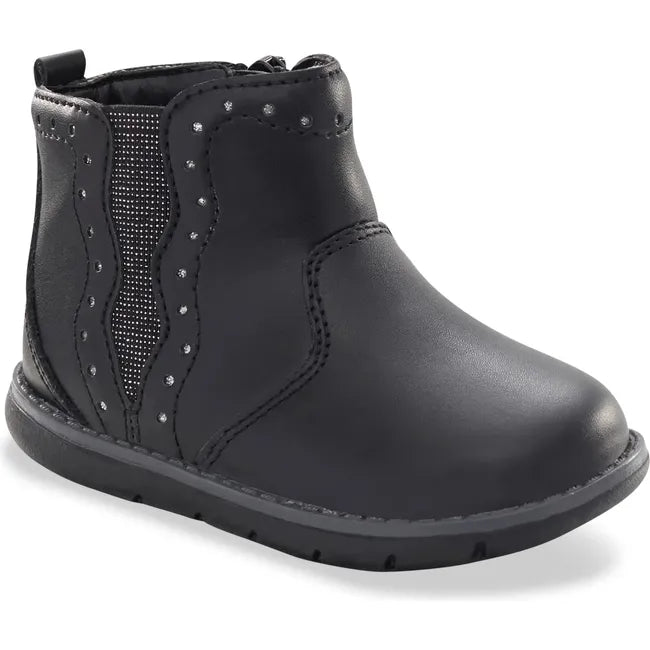 Front angled view of Kids Stride Rite Lena Boot in black leather