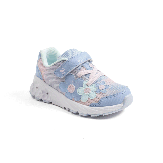 Flashing lights of Stride Rite Kids’ Lighted Glimmer 2.0 Sneaker in Blue with velcro and Light Up
