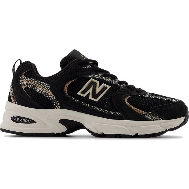 Side of New Balance Unisex 530 Lifestyle Shoe in black and flat taupe