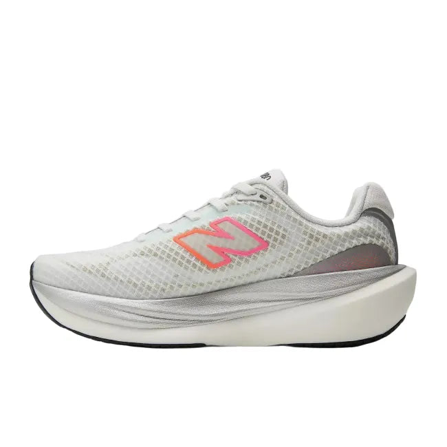Medial side profile of New Balance 1080 V15 women's shoe in white showing Infinion midsole and perforated mesh upper